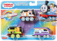 Tomek i Przyjaciele, zestaw, 3 lokomotywy zmieniające kolor: Tomek, Piotruś i Kana, seria Colour Changers, metalowe korpusy, dla dzieci w wieku 3 lata +, producent Fisher Price