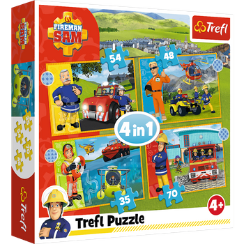 Trefl, Strażak Sam, Klasyczne puzzle 4-w-1, zestaw 4 układanek w jednym pudełku, 35-54-54-70 el.