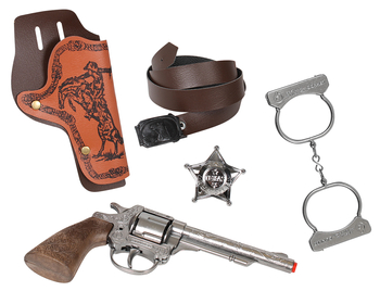 Gonher, Zestaw Szeryfa, Pistolet z kaburą Odznaka Kajdanki 157/0, zabawa w szeryfa i bandytów, rewolwer z metalu, wiek dziecka 3+