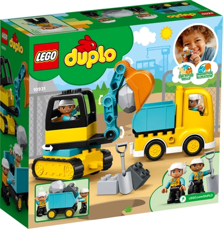 Klocki Lego Duplo 10931 Ciężarówka i koparka gąsienicowa, 2 pojazdy i 2 figurki, duże klocki dopasowane do małych rączek, super pomysł na prezent dla chłopca w wieku już od 2 lata+