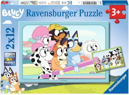 Bluey, Puzzle dla małych dzieci 2 x 12 el., 2 obrazki w jednym pudełku, wymiary obrazka 26 x 18 cm, producent Ravensburger, wiek dziecka 3+