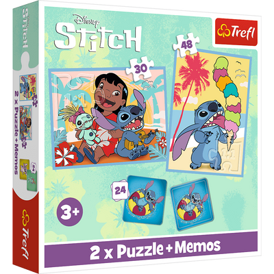 Disney Stitch, Zestaw dla dzieci: 2 x puzzle 30 i 48 el. oraz gra pamięciowa Memory, dla dzieci w wieku 3 lata+