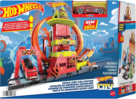Hot Wheels, Remiza strażacka - superpętla z 1 samochodem zabawkowym, ręcznie sterowaną windą, rampą przypominającą wodę, elementami toru, samochody zabawkowe dla dzieci od 4 lat 