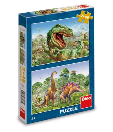 Dinozaury, Puzzle 2-w-1, Walki dinozaurów, 2 x 48 el., dwie układanki w jednym pudełku, wiek dziecka 4+