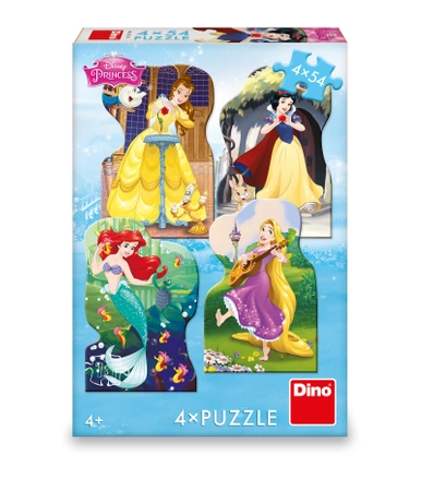 Księżniczki Disneya, Puzzle konturowe 4 w 1, 4 x 54 el. obrazki o wymiarach 13 x 19 cm, wiek dziecka 4+