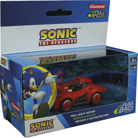 Sonic The Hedgehog Carrera, autko czerwone, czerwono czarny Sonic, mechanizm pull-back, w skali 1:43, dla dzieci 3+