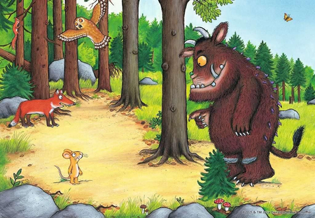 Gruffalo, Puzzle dla małych dzieci 2 x 12 el., 2 obrazki w jednym pudełku, wymiary obrazka 26 x 18 cm, producent Revansburger, wiek dziecka 3+