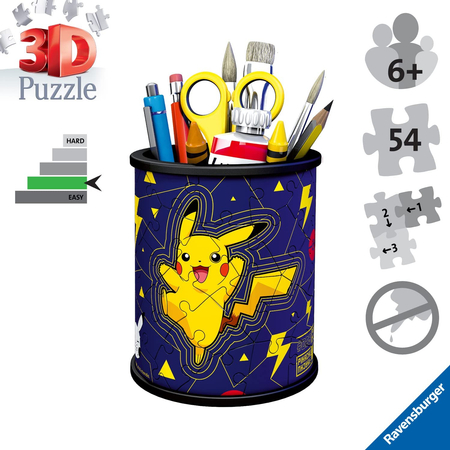 Ravensburger, Pokemon, Puzzle przestrzenne 3D Pikachu 54 el. Przybornik na ołówki i długopisy, Organizer z puzzli na biurko dla dzieci