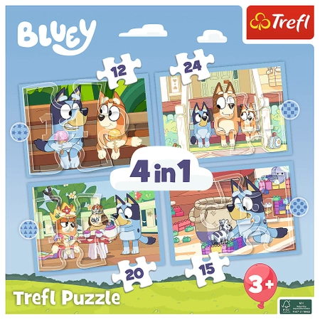 Bluey, Puzzle 4 w 1, zestaw 4 układanek dla młodszych dzieci, 12-15-20-24 el., wiek dziecka 3+, polski producent Trefl