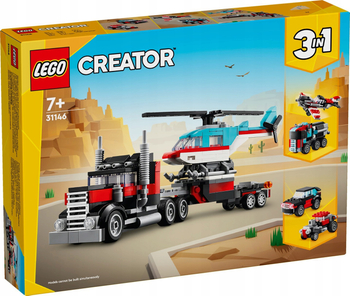 Klocki Lego Creator 31146, Zestaw kreatywny klocków 3 w 1, Ciężarówka z platformą i helikopterem, 270 el., możliwość zbudowania ciężarówki, cysterny, helikoptera, terenówki samolotu, wiek 7+