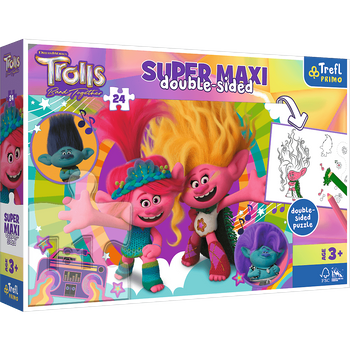 Trolle, Puzzle dwustronne Super Maxi, 24 duże elementy, obrazek po ułożeniu ma 60 x 40 cm, drugą stronę puzzli można kolorować, zabawka dla dzieci w wieku 3+