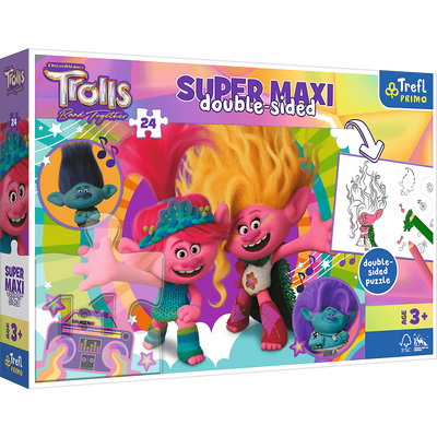 Trolle, Puzzle dwustronne Super Maxi, 24 duże elementy, obrazek po ułożeniu ma 60 x 40 cm, drugą stronę puzzli można kolorować, zabawka dla dzieci w wieku 3+