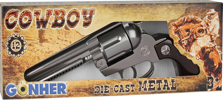 Gonher, Metalowy pistolet na kapiszony, Rewolwer kowboja 121/0, solidny, z metalu, wyprodukowany w Hiszpanii, 12 strzałowy, wiek dziecka 3+