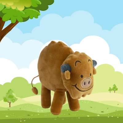 Żubr Pompik, maskotka pluszowa żubr, główny bohater, polska bajka, miły plusz