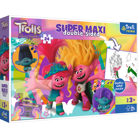 Trolle, Puzzle dwustronne Super Maxi, 24 duże elementy, obrazek po ułożeniu ma 60 x 40 cm, drugą stronę puzzli można kolorować, zabawka dla dzieci w wieku 3+
