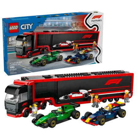 Klocki Lego City 60445 F1® Ciężarówka z bolidami RB20 i AMR24 F1®, 1086 elementów, oryginalne klocki, idealny prezent dla fana motoryzacji