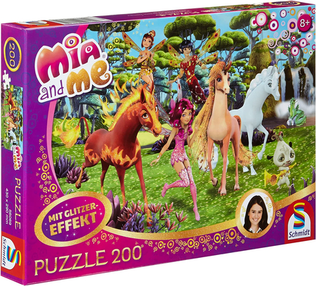 Schmidt, Mia i Ja, puzzle brokatowe, 200 el. z bajki, oryginalne, dla dziewczynek 8+, zdobione brokatem