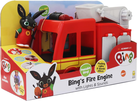 Królik Bing, Duży samochód strażacki z figurką Binga, efekty świetlne i dźwiękowe, zabawka idealna dla fanów bajki, pojazd oryginalny, na licencji, wiek dziecka 18m+