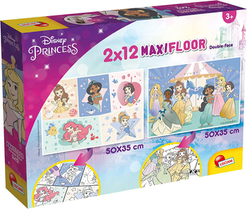 Disney Princess, Księżniczki, Duże puzzle podłogowe dla maluszków, 2 x 12 el. MaxiFloor, 2 dwustronne układanki, normalne puzzle i do kolorowania, obrazki o wymiarach 50 x 35 cm