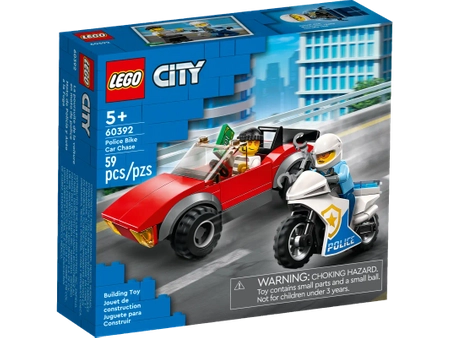 Klocki Lego City 60392 Motocykl policyjny – pościg za samochodem, 59 elementów, kabriolet, motocykl i 2 mini figurki, klocki dla dzieci w wieku 5 lat+