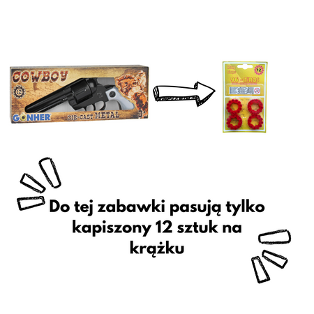 Gonher 121/6, Metalowy pistolet rewolwer czarny na kapiszony, 12 strzałowy, produkcja Hiszpania