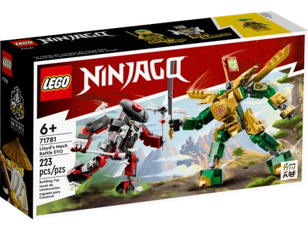 Klocki Lego Ninjago 71781 Starcie Lloyda z Mechem EVO, 223 elementy, 2 Mechy i 2 figurki w tym złoty Lloyd, oryginalne klocki lego, szybka wysyłka, zabawka dla dzieci w wieku 6+