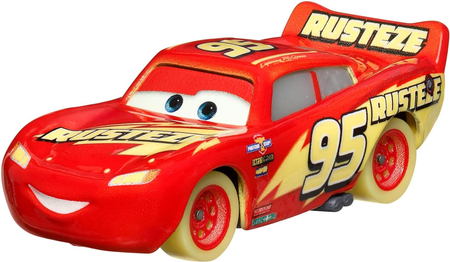 Disney Pixar, Auta Cars, Samochód resorak Zygzak McQueen świecący w ciemności, seria Glow Racers, metalowe nadwozie, renomowany producent Mattel, wiek dziecka 3+ 