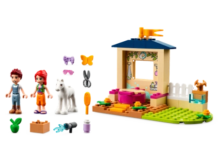 Klocki Lego Friends 41696 Kąpiel dla kucyków w stajni, 60 elementów w tym 2 figurki Mia i Daniel, figurka konika, fajny pomysł na prezent dla dziewczynki w wieku już 4 lata+