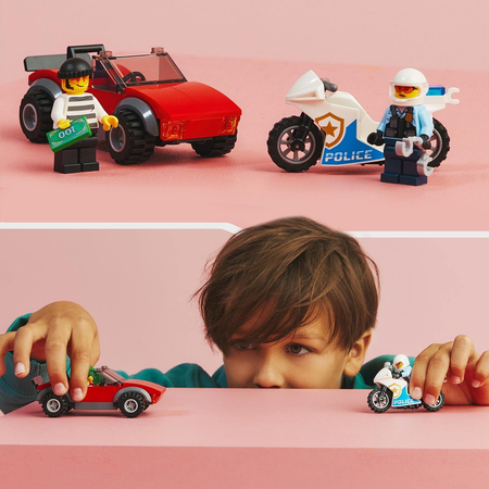 Klocki Lego City 60392 Motocykl policyjny – pościg za samochodem, 59 elementów, kabriolet, motocykl i 2 mini figurki, klocki dla dzieci w wieku 5 lat+