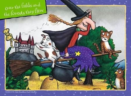 Miejsce na miotle, Room on the broom, puzzle z czarownicą i bohaterami bajki, 4 w 1, 4 układanki, wymiary obrazka 19 x 14cm, 12-16-20-24 el. dla dzieci 3+ 