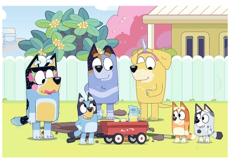 Trefl, Bluey, Puzzle tradycyjne z Bluey, 100 el. obrazek 41 x 28 cm, ekologiczne materiały, kolorowe, wyprodukowane w Polsce, wiek dziecka 5+