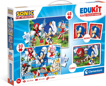 Sonic The Hedgehog, Zestaw EduKit 4 w 1, Puzzle 30 i 48 el., klocki obrazkowe 6 el. i gra pamięciowa Memo, w walizeczce, wiek dziecka 3+