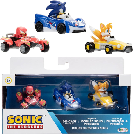 Sonic The Hedgehog, 3 pojazdy z gry i filmu Sonic, Tails i Knuckles, oryginalne samochodziki, na licencji, skala 1:64, wykonane z metalu, idealne na prezent dla fanów