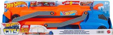 Hot Wheels, Pojazd ciężarówka z transformacją w tor wyścigowy, z wyrzutnią i miejscem na 9 samochodów