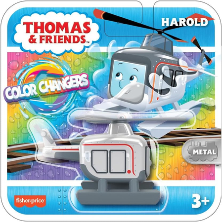 Tomek i Przyjaciele, Helikopter Harold, zmieniający kolor w zależności od temperatury, zabawka wykonana z metalu i plastiku, producent Fisher Price, seria Colour Changers, wiek dziecka 3+