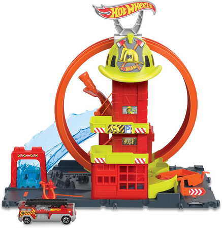 Hot Wheels, Remiza strażacka - superpętla z 1 samochodem zabawkowym, ręcznie sterowaną windą, rampą przypominającą wodę, elementami toru, samochody zabawkowe dla dzieci od 4 lat 