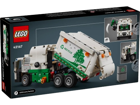 Klocki Lego Technic 42167 Śmieciarka Mack LR Electric, 503 el., ładowacz boczny, unoszony tył, skrętne koła, wiek dziecka 8+