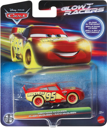 Disney Pixar, Auta Cars, Samochód resorak Zygzak McQueen świecący w ciemności, seria Glow Racers, metalowe nadwozie, renomowany producent Mattel, wiek dziecka 3+ 