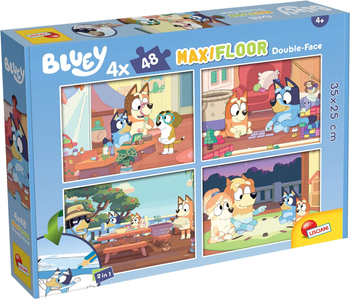Bluey, Puzzle Maxi dwustronne 4 x 48 el., 4 układanki 35 x 25 cm, po jednej stronie klasyczne puzzle, po drugiej obrazek do kolorowania, wiek dziecka 4+