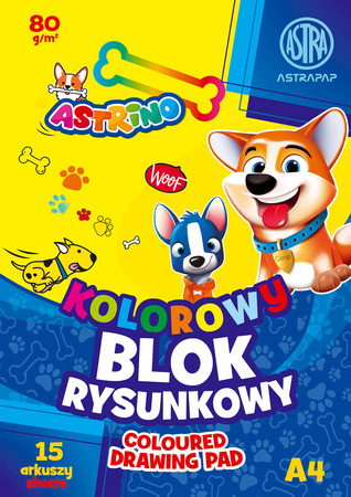 Blok rysunkowy kolorowy, format A4, 15 arkuszy, gramatura 80g/m2