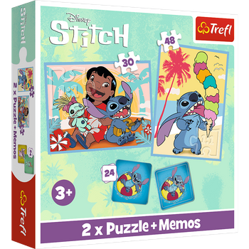 Disney Stitch, Zestaw dla dzieci: 2 x puzzle 30 i 48 el. oraz gra pamięciowa Memory, dla dzieci w wieku 3 lata+