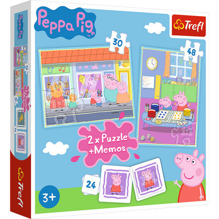 Świnka Peppa, zestaw 2 x puzzle i gra pamięciowa Memos, Trefl, idealny pomysł na prezent, dla dzieci w wieku 3+
