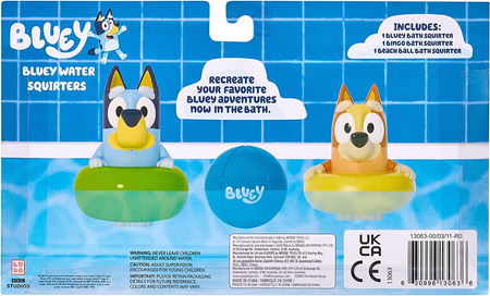 Bluey, Zabawka do kąpieli, 2 figurki Bluey i Bingo i piłeczka, Squeeze and Squirt