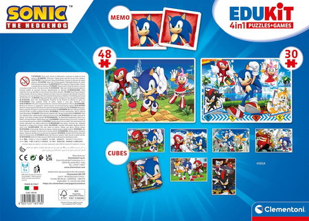 Sonic The Hedgehog, Zestaw EduKit 4 w 1, Puzzle 30 i 48 el., klocki obrazkowe 6 el. i gra pamięciowa Memo, w walizeczce, wiek dziecka 3+