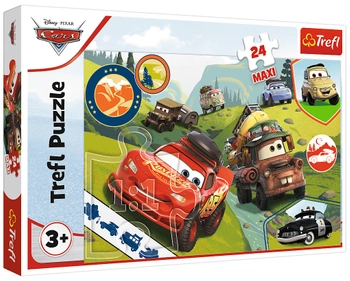 Auta Cars, Duże puzzle Maxi z Zygzakiem i Złomkiem, 24 elementy, obrazek o wymiarach 60 x 40 cm, oryginalne, natychmiastowa wysyłka