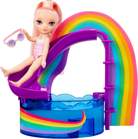 Rainbow High Littles, Laleczka Blush z basenem i zjeżdżalnią, zestaw do zabawy