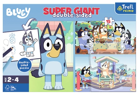 Bluey, Puzzle z Blueyem, Duża układanka 15 elementów dla dzieci w wieku 2 - 4 lata, dwustronne, wymiary obrazka 60 x 40 cm, można kolorować jedną stronę, polski producent Trefl