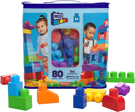 Mega Bloks, Klocki w torbie, niebieska, 80 el., dla małych dzieci w wieku 1+, wysoka jakość, bezpieczne dla dziecka, zabawki rozwijające kreatywność