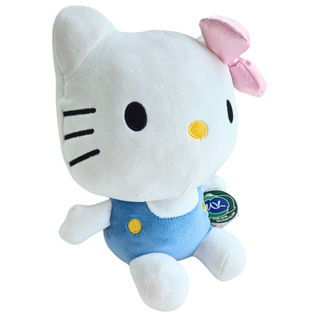 Hello Kitty, Maskotka pluszowa Kitty w niebieskim ubranku i z różową wstążką, 25 cm, wysokiej jakości plusz, bardzo mila w dotyku, oryginalna