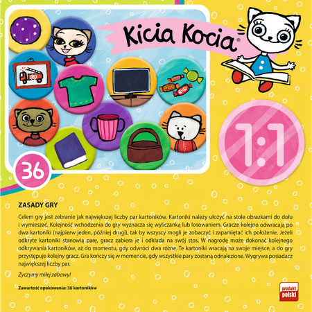 Trefl, Kicia Kocia, Gra pamięciowa dla dzieci, Memos, memory, 36 kartoników z kicią i przyjaciółmi, wiek dzieci 3+